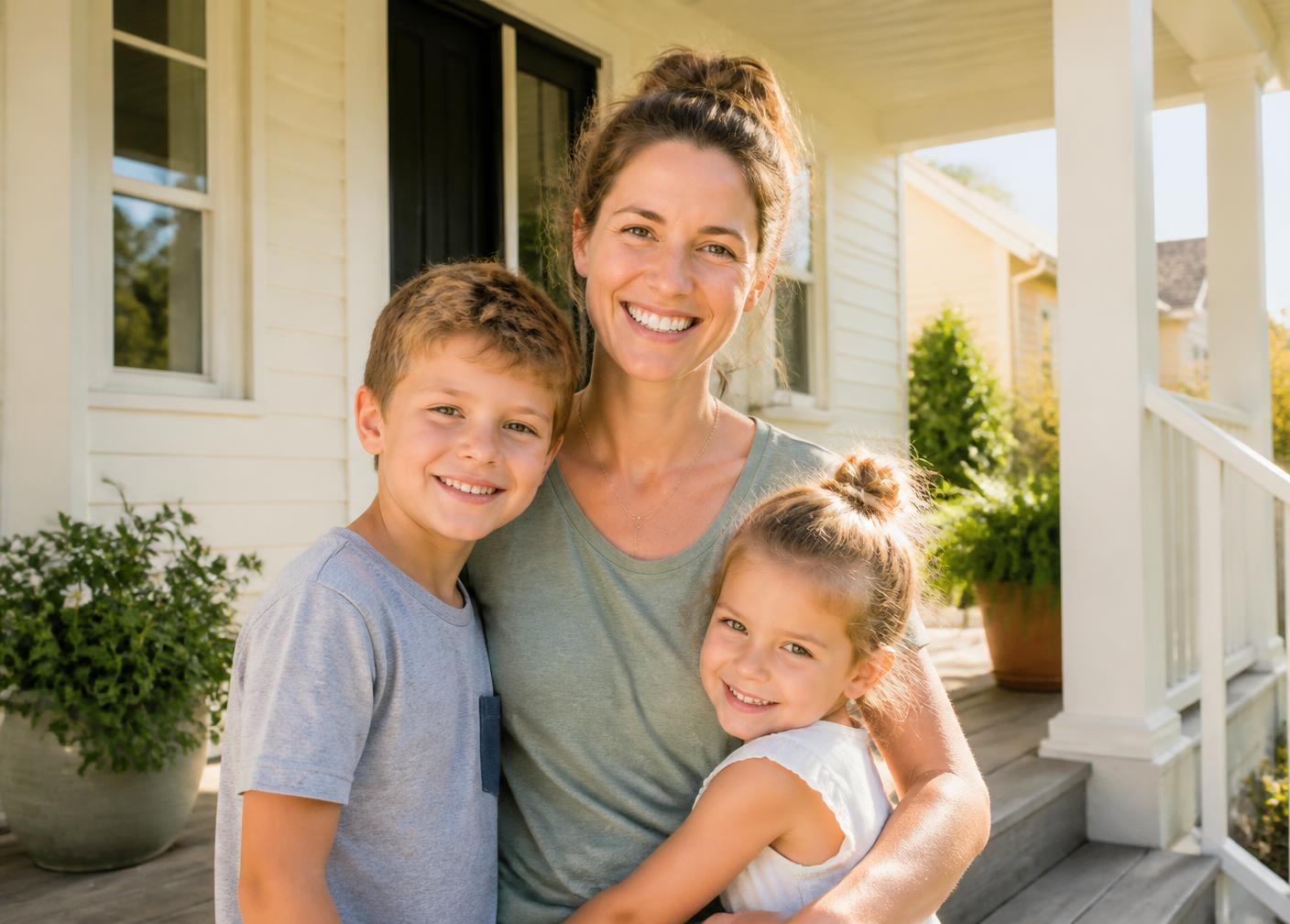 A truck driver's wife and children smiling on the porch of their home