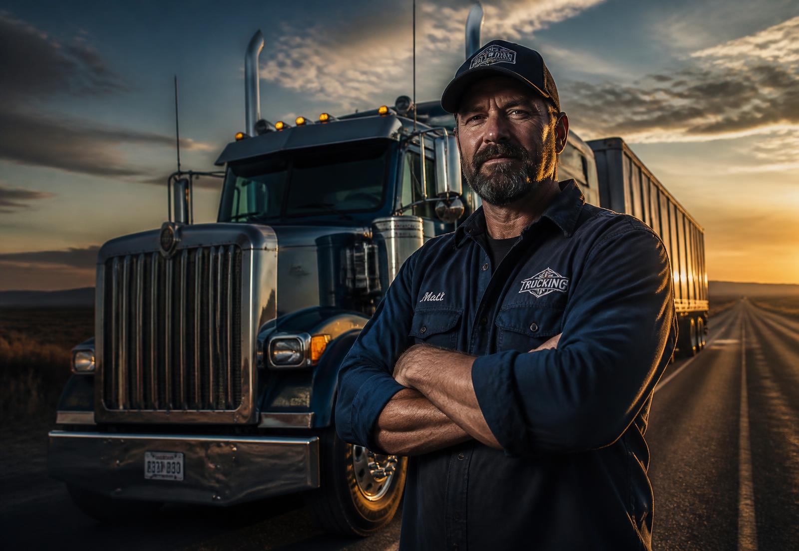 Professional truck driver beside his semi truck reviewing his life insurance options
