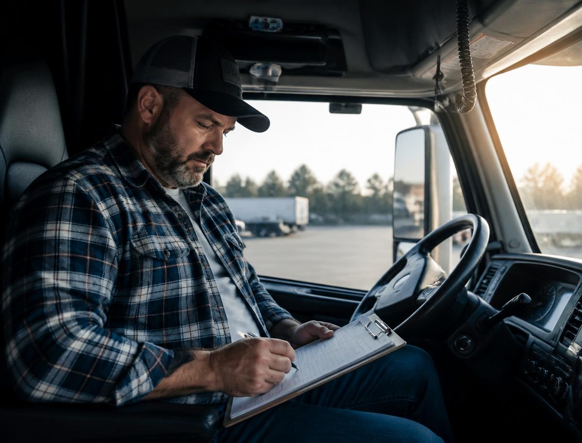 Owner-operator reviewing paperwork in the cab of his truck